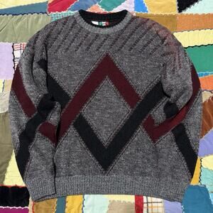 Vintage 90s Colores Red/Black Zig Zag Grey Wool Blended Knitted Sweater Large